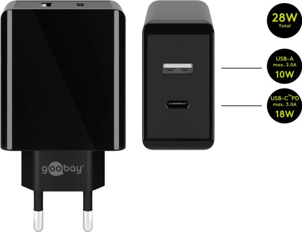 Incarcator de retea Goobay Dual-USB USB-C, incarcare rapida, PD, 28W, negru